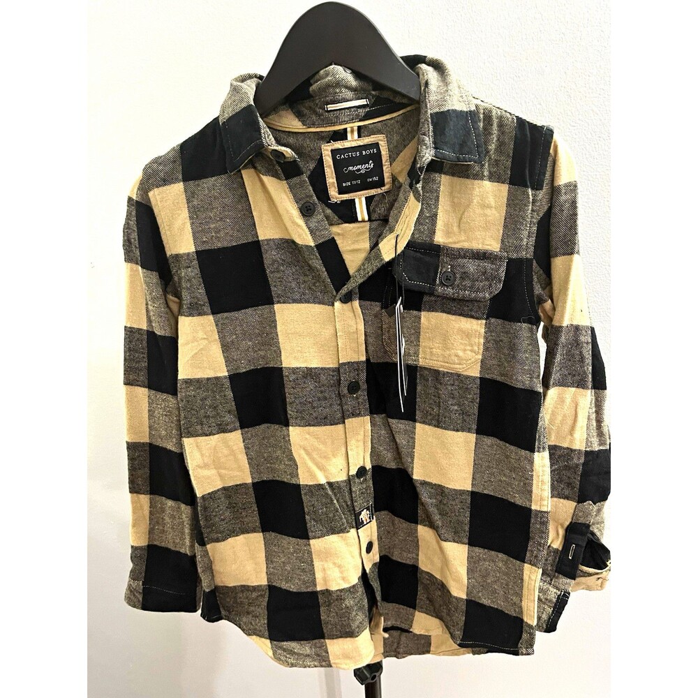 Cactus Boys Flannel Collection Black Beige Plaid Flannel Button-Up Shirt 11/12